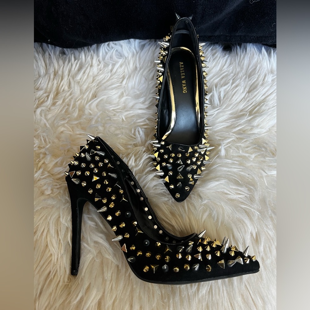 RARE & UNIQUE! Black Suede-like Heels with Gold & Silver Spikes (Size 8)